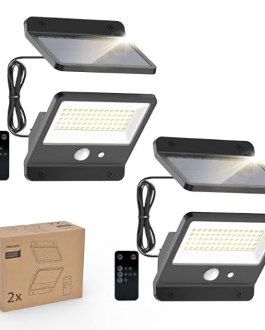 Philips Solar Security Light Outdoor LED 6500K, Solar-Powered Flood Light w/PIR Motion Sensor, Remote Control w/16ft Cable, IP65 Waterproof, 3 Modes (2)