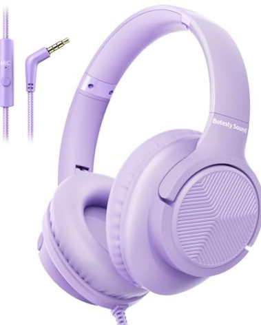 Botesty Sound Headphones Wired with Microphone, Over Ear Foldable 3.5mm Plug in Headphones with 4.9ft Tangle-Free Nylon Cord for Tablet, Laptop, MP3/4, School, Airplane Travel (Purple)