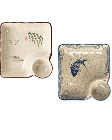 FYUEROPA Ceramic Dumpling Plate with Dipping Saucer, Sushi Dish, Serving Plate Chips and Snack Plate, 7.5 Inch - Set of 2 (Fish)