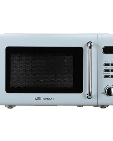 Emerson MWR7020BL Retro Compact Countertop Microwave Oven with Button Control, LED Display, 700W 5 Power Levels, 8 Auto Menus, Glass Turntable and Child Safe Lock, 0.7, Thunderbird Blue