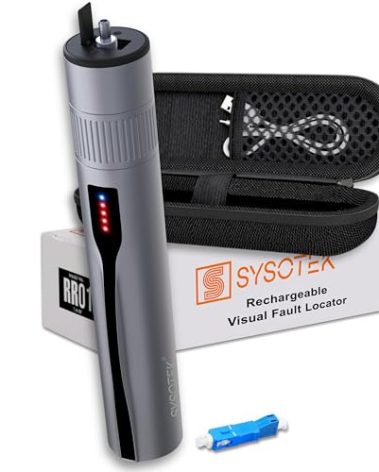 Sysotek Visual Fault Locator - Rechargeable Red Light VFL Fiber Optic Tool kit - Retractable Head fits SC FC ST - Optical Laser Light Pen Network Cable Fiber Tester with Protective Case and LC Adapter