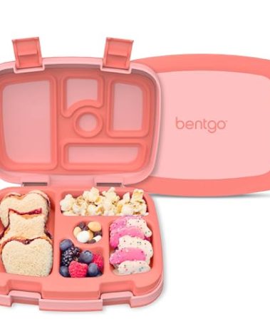 Bentgo Kids Bento-Style 5-Compartment Leak-Proof Lunch Box - Ideal Portion Sizes for Ages 3 to 7 - Durable, Drop-Proof, Dishwasher Safe, PFAS & BPA-Free & Made with Food-Safe Materials (Coral)