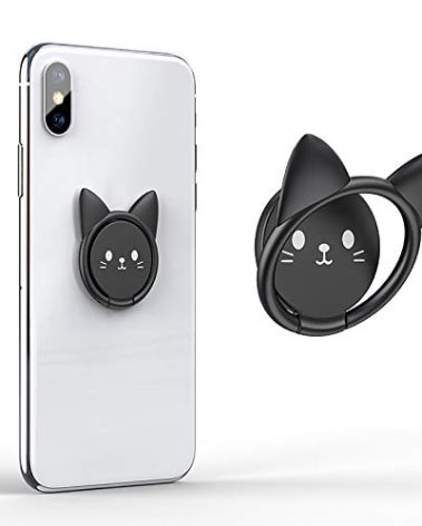 LaMignonne Cell Phone Ring Holder Ultra-Thin Cute Cat Metal Finger Grip 360° Rotation 180° Flip Kickstand Phone Grip for Magnetic Car Mount Compatible with All Smartphones (Black)