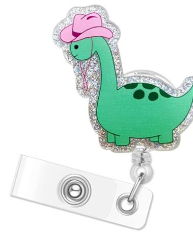 Cowboy Dinosaur Badge Reel, Funny Green Dino Badge Reels Retractable, Name Badge Holder Reel ID Clip, Cute Animal Pediatric Decorative for Nurse Doctor Medical Worker & Nursing Student