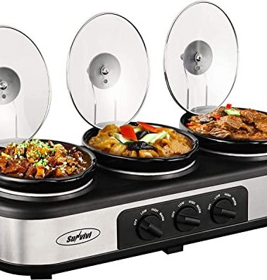 Sunvivi Slow Cooker, Triple Slow Cooker Buffet Server and Food Warmer, 3-Section 1.5-Quart Upgraded Oval Ceramic Pot with Stainless Steel Lid Rests, 3 Spoons, Total 4.5 QT