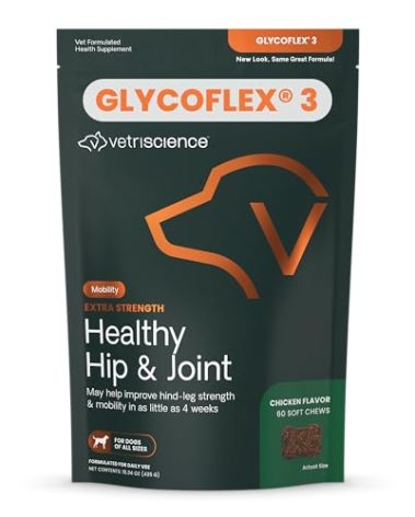 VetriScience Extra Strength Healthy Hip & Joint Chews, GlycoFlex 3, Glucosamine, Green-Lipped Mussel, Joint Support Supplement for Dogs, Promote Mobility & Soothe Joint Discomfort, Chicken, 60 Count