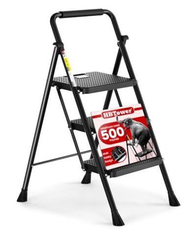 HBTower Step Ladder, Folding Step Stool with Wide Anti-Slip Pedal, Sturdy Steel Ladder, Convenient Handrail, Lightweight, Portable Steel Step Stool