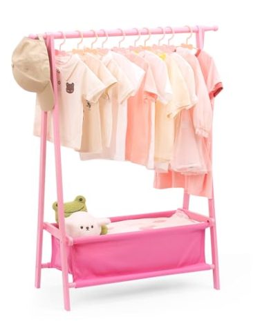 Relquorax Kids Clothing Rack with Storage, Dress Up Rack, Child Clothes, Small Garment, for Costume, Bamboo (Pink)