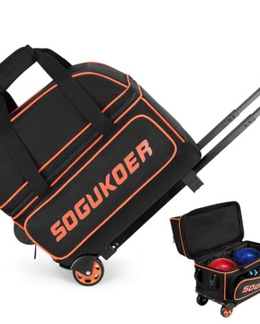 SOGUKOER 2 Ball Bowling Bag with Wheels, Lightweight Trolley Double Ball Bowling bags with Large Separate Shoe Compartment and Oversized Accessory Pocket, Retractable Handle Extends To 39.5"