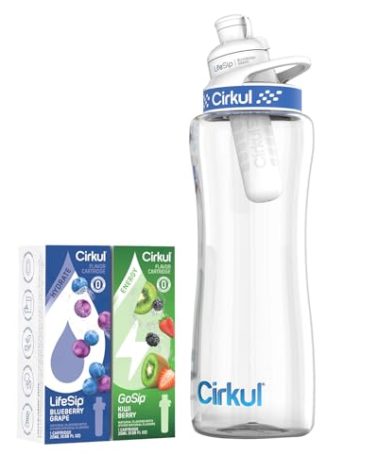 Cirkul 32oz. BPA-Free Plastic Water Bottle Starter Kit with Navy Lid, 2 Flavor Cartridges (1 LifeSip Blueberry Grape, 1 GoSip Kiwi Berry) No Sugar, Zero Calorie Drink Mix