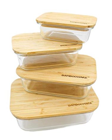 Bambooware Glass Containers with Lids | Non Plastic Glassware Set - Natural Raw Organic Wooden Bamboo Lids | Set of 4 | Reusable, BPA Free | Perfect for Meal Prep, Lunch, Leftovers, Kitchen