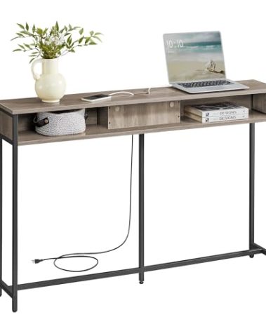 VASAGLE 55.1-Inch Console Table with Outlet and Shelves, Sofa Table with Charging Station, Behind Couch Table Skinny, Entryway Table for Hallway, Living Room, Heather Greige and Ink Black ULNT120K02