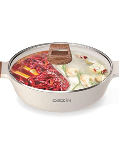 Dezin 5-QT Double-flavor Shabu Shabu Pot with Divider, Dual Sided Nonstick Hot Pot, 12 Inch Divided Stockpot for Cooking, Hotpot for Induction Cooktop, Gas Stove & Hot Burner, Soup Ladle Included