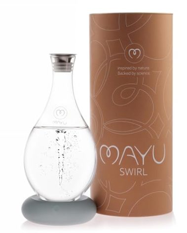 MAYU Swirl Structured Water Carafe - Innovative Vortex Technology Handblown Pitcher. Post Reverse Osmosis Filter Aerating Water Dispenser Stand 1.5 Liter| 51 Oz Dining Glass Jug Design (Dolomite Base)