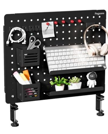 PEGZONE Clamp-on Desk Pegboard, Desk Organizer for Office Gaming Home, Magnetic Metal Peg Board with 15 Accessories, Privacy Panel for Office, 20.4" x 16.5", Large, Black