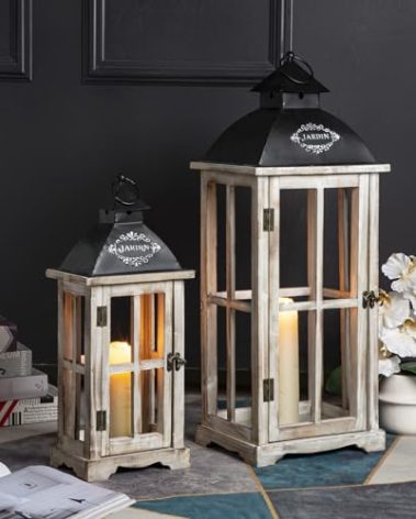 Set of 2 Large Decorative Wooden Metal Lanterns, Farmhouse Rustic Floor Candle Lanterns, Indoor/Outdoor Hanging Lanterns for Home Decor (No Glass)