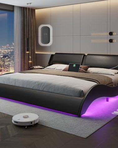 DICTAC King Bed Frame with Charging Ports and Headboard King Size Platform Bed Frame with LED Lights Wave Like Curve King Led Bed Frame,Wood Slats Support,Easy Assembly,Black