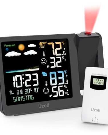 uzoli Projection Alarm Clock Weather Station, WWVB Atomic Projector Clock with Sensor, Adjustable Backlight, Indoor Outdoor Temperature Humidity, Digital Projection Clock for Bedroom Ceiling
