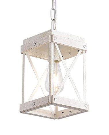 Fivess Lighting Modern Farmhouse Antique White Distressed Pendant Light with Wood and Metal Cage, One-Light Adjustable Chains Rustic Mini Pendant Lighting Fixture for Kitchen Island Cafe Bar