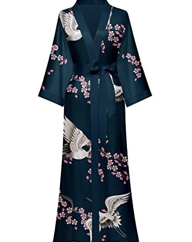 Satin Robe for Women Kimono Cardigan Floral Bridesmaid robes Long Bathrobe Japanese Kimono Sexy Robes Costume Dark Green