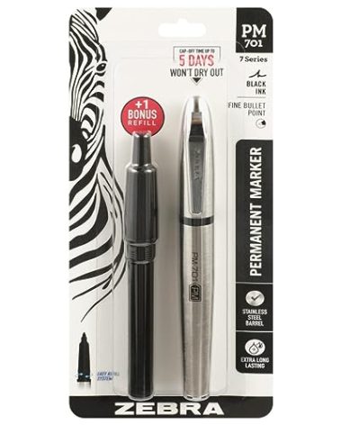 Zebra Pen PM-701 Permanent Marker, Stainless Steel Barrel, Fine Bullet Tip, Black Ink, Refillable, 1-Pack with Refill