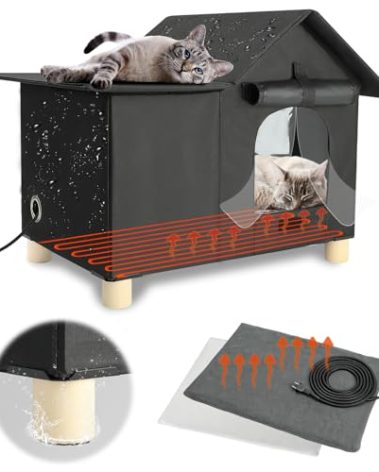 HUMLANJ Elevated Large Heated Cat House for Outdoor Cats in Winter, Weatherproof Feral Cat Shelter with 2 Pads, Collaspable Insulated Cat Kennel Outside Stray Cat Hut for Wild Small Animal Rabbit