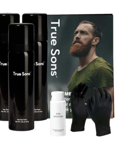 True Sons Hair Dye Foam for Men - Natural Look - Effortless, Multi-Use Dye Kit with Instant Color Booster Applicator, Ammonia-Free Formula For Sensitive Skin, Simpler Hair Dye (3 Bottles, Brown Black)