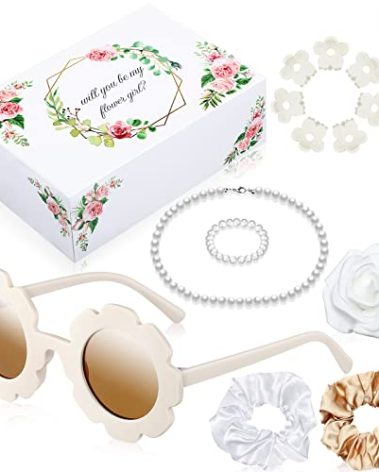 16 Pcs Flower Girl Proposal Box Kit Gifts Round Glasses Necklace Pearl Bracelet Diamond Pen Hair Scrunchies Rose Will You Be My Flower Girl for Wedding(Milky White)