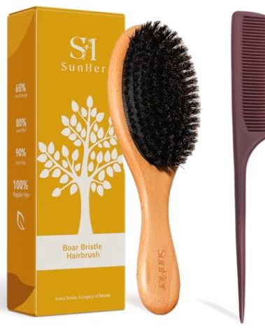 SunHer Boar Bristle Hair Brush - 100% Soft Boar Bristle Brush for Women Men Kids Restore Shine and Fine - Wooden Slick Back Hairbrush with Plastic Tail Comb for Short Thin Dry Hair
