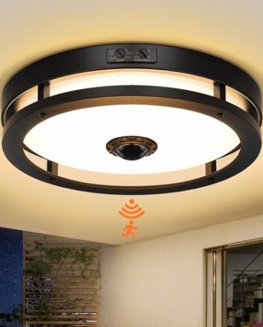 Slypadan Outdoor Motion Sensor Flush Mount LED Light, 12" Dusk to Dawn Porch Modern Black Exterior Light, Ceiling Light Fixture for Farmhouse Garage Entry