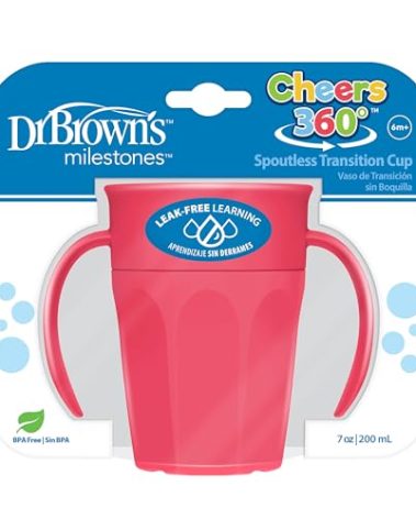 Dr. Brown's Milestones Cheers 360 Spoutless Transition Cup with Handles, Travel Friendly and Leak Free Sippy for Babies and Toddlers, Pink, BPA-Free, 7 oz/200 mL, 6m+