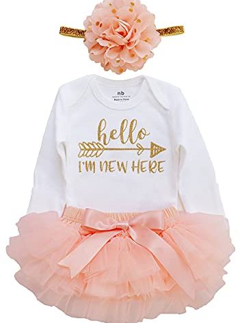 LilPinkGoose Newborn Baby Girl Coming Home Outfit Hello I am New here Bodysuits 3pcs (Newborn, Peach Long Sleeve)
