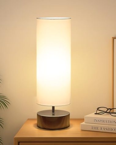 Touch Table Lamp, 3-Way Dimmable Modern Minimalist Accent Bedside Lamp with Cylinder Fabric Shade, Night Light Nightstand Desk Lamp for Bedroom Living Room Kitchen, 9W LED Bulb Included