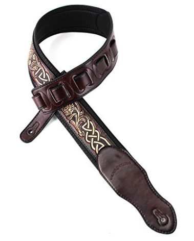 Walker & Williams KB-05-BRN Dark Walnut Full Grain Center Block Carving Leather Padded Guitar Strap With Aged White Celtic Chain