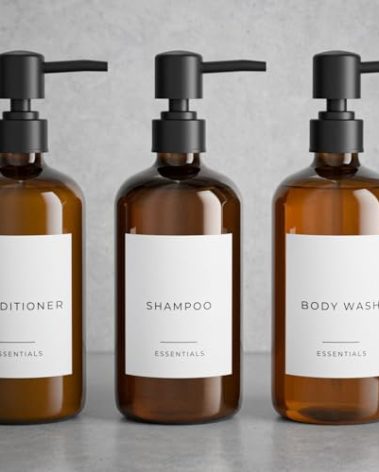 Stylish Shampoo and Conditioner Dispenser Set of 3 - Modern 21oz Shower Soap PET Bottles with Pump and Labels - Easy to Refill Body Wash Dispensers for an Instant Bathroom Decor Upgrade