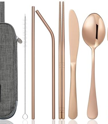 Portable Stainless Steel Flatware Set, Travel Camping Cutlery Set, Portable Utensil Travel Silverware Dinnerware Set with a Waterproof Case (Rose God)