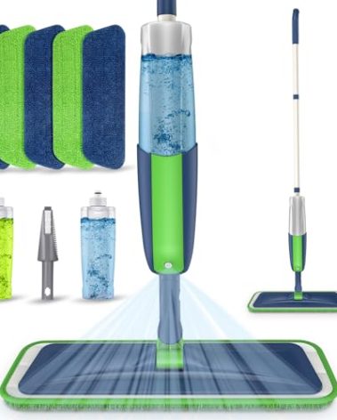 MEXERRIS Spray Wet Mops with 5X Washable Pads for Floor Cleaning, Dust Mops with 2X Bottles Commercial Home Use for Hardwood Laminate Vinyl Tiles Wood Floor, Green