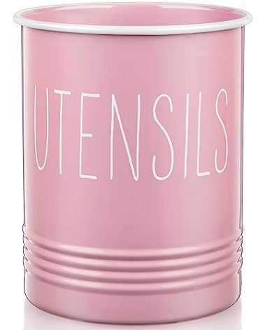 Bivvclaz Kitchen Utensil Holder - 6.7" Utensil Holder for Kitchen Counter - Cooking Utensil Crock with Cork Bottom - Pink Decor and Accessories - Utensil Storage Caddy Organizer