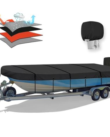 Solim 16FT Jon Boat Cover with Motor Cover, 900D PU Waterproof Heavy Duty Mooring Cover, Trailerable Marine Grade Polyester Canvas Replacement for Jon Boat 16' Long Beam Width Up to 75 in, Black