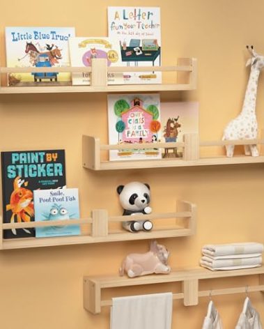 Boswillon 24 Inch Nursery Book Shelves, Floating Shelves Set of 4, Wall Mounted Hanging Shelves for Kids Room Wall, White Wall Shelf, Baby Book Shelves for Kids Bedroom Decor Organizer - Natural Wood