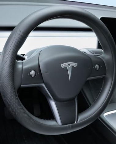 Uxcer Nappa Leather Steering Wheel Cover for Tesla Model 3/Y 2016-2025 2026 Juniper/Highland, Non-Slip Breathable Tesla Model 3/Y Steering Wheel Protector, Black