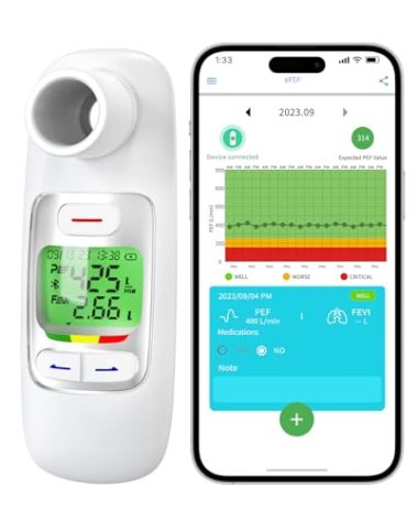 Peak Flow Meter with Bluetooth APP Spirometer for Asthma COPD Monitor Tests PEF FEV1 Home Medical for Kids Adults with 300 Records Storage Function