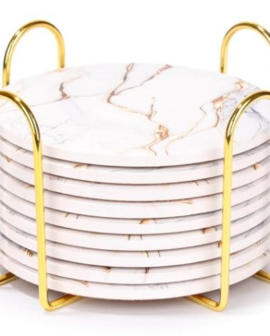 9 Pieces Ceramic Drink Coasters with Holder, Billbotk Absorbent Drink Coasters for Coffee Table, Marble Style Coasters Wooden Table, Suitable for Kinds of Cups, 4 Inches