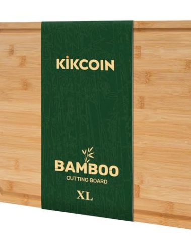 Bamboo Cutting Boards for Kitchen, Extra Large Wood Cutting Board with Deep Juice Groove and Handle Heavy Duty Chopping board, Kikcoin, 17.6" x 12"