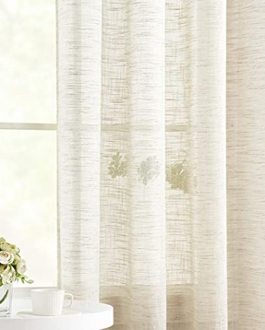 Faux Linen Sheer Curtains 45inch Natural Beige Semi Sheer Curtain Panels for Small Windows Rustic Farmhouse Light Filtering Window Treatment Set Rod Pocket 2pcs 52" Width