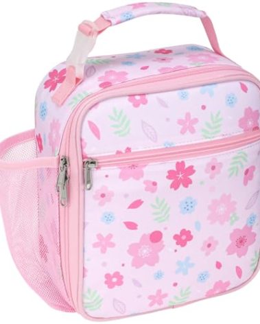 Bagseri Kids Lunch Bag for Girls - Insulated Kids Lunch Box for Daycare and School Reusable Meal Snack Bag with Water Bottle Holder, Easy-Clean Water-Resistant Fabric, Pink Floral