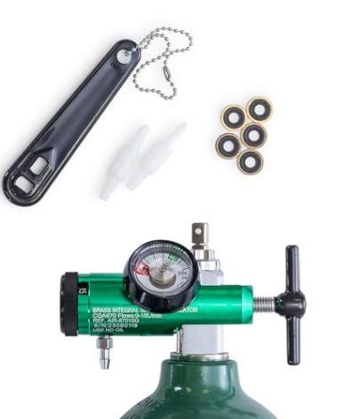 AireMed Oxygen Regulator 0-15LPM, CGA-870 Gauge Flow Rate – Includes Wrench Key, 5 Brass Yoke Washer Seals, and 2 Oxygen Tubing Swivel Connectors - Ergonomic Handle Design – Green