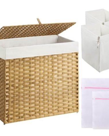 Greenstell Laundry Hamper with Lid, 125L Laundry Basket with 2 Removable Liner Bags & 2 Mesh Bags, Handwoven Synthetic Rattan Clothes Hamper for Clothes, Toys in Bathroom, Bedroom, Foldable, Natural