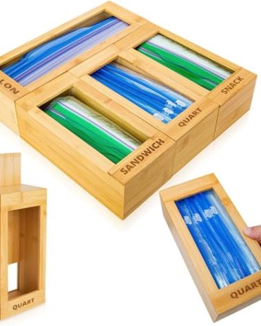 mHomeAid Bag Storage Organizer - Bamboo Food Plastic Baggie Holder, Dispenser, and Container for Kitchen Drawer - Fits Ziplock and Ziploc Gallon, Quart, Sandwich & Snack Sized Slider Bags (Bamboo)