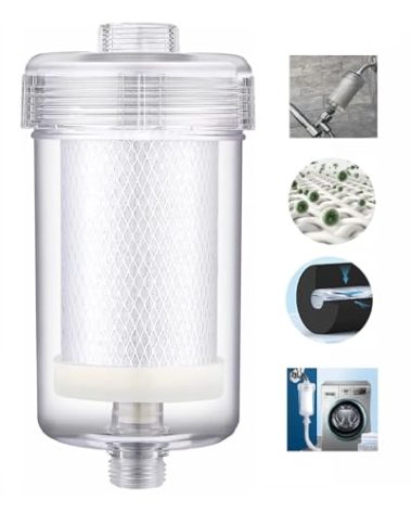 1 Micron Washing Machine Filter, Washer Water Filter, Dual Filtration 99% Chlorine Sediment & Odor for Tap/Well, Carbon+PP Filter Media, Soften Skin Hair & Clothes, Anti Scale, 6.7" Inline, 3/4”
